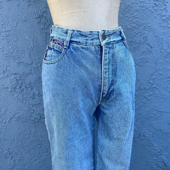 Vintage 90s Jeans 26 x 25 90s High Waisted Denim with tapestry Light Wash - Picture 7 of 10